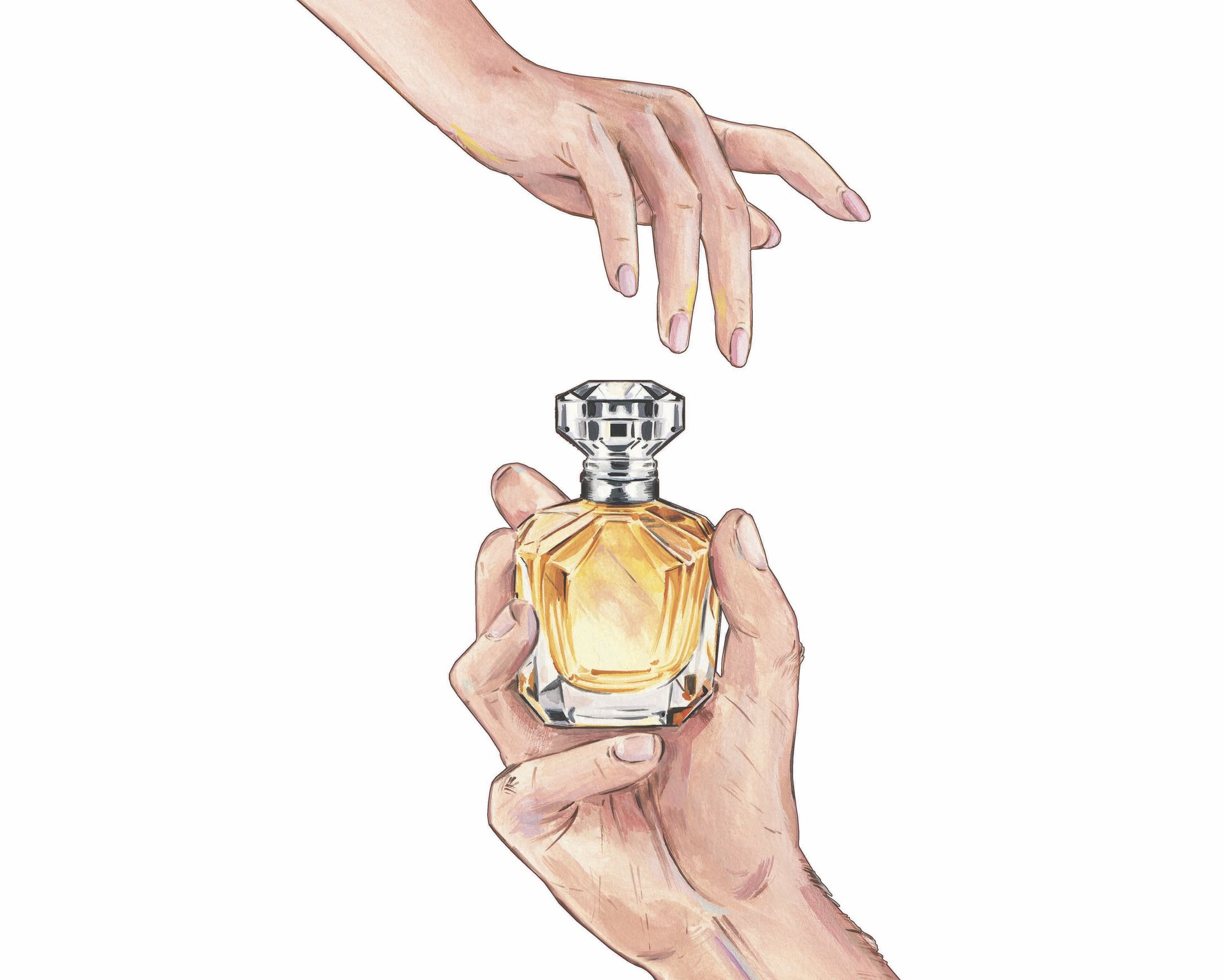 Hand drawn image showing a woman hand holding blue perfume bottle