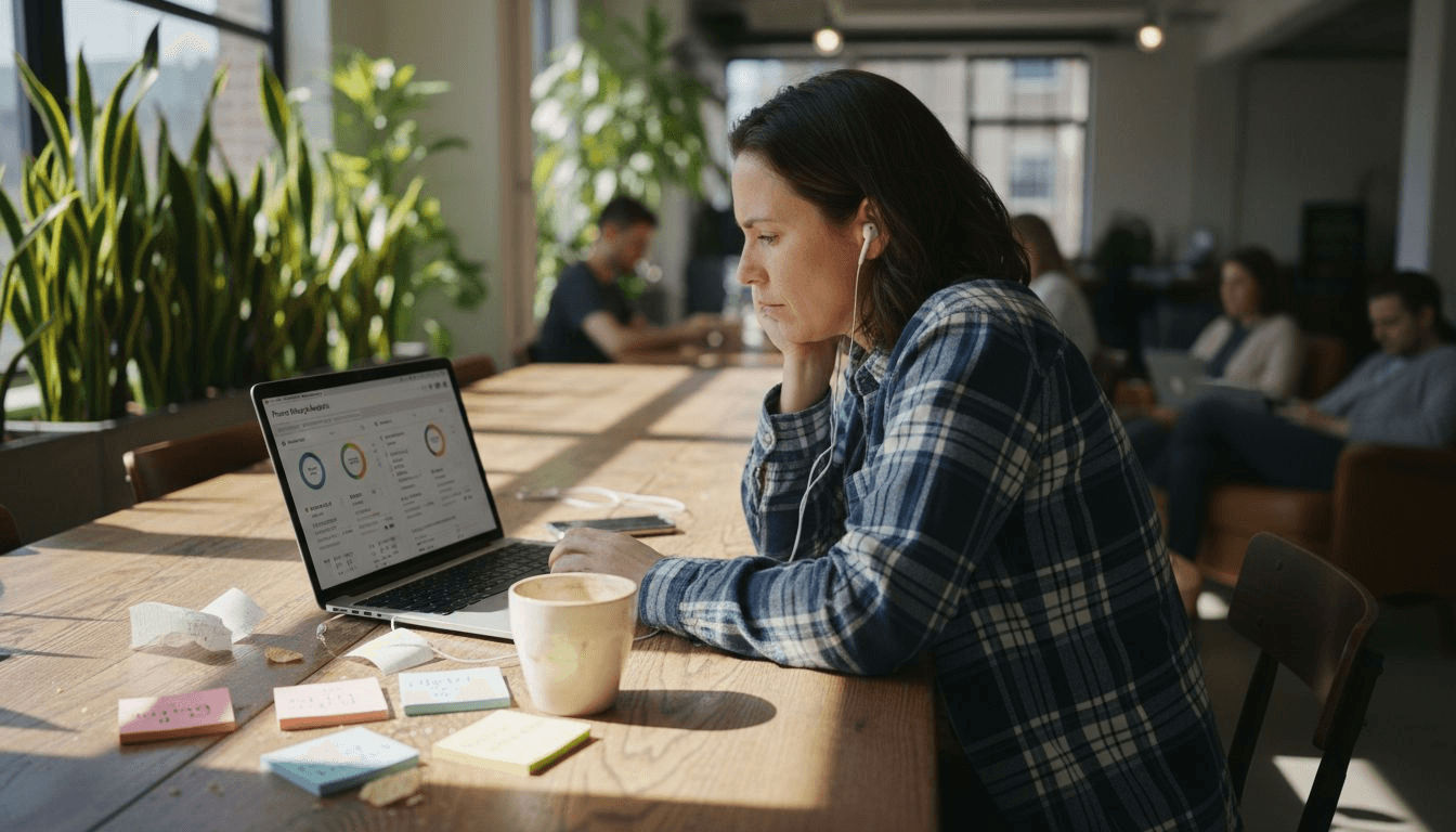 Woman analyzing playlist data at shared table