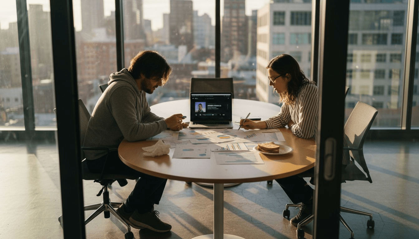 Team reviewing artist trend charts together