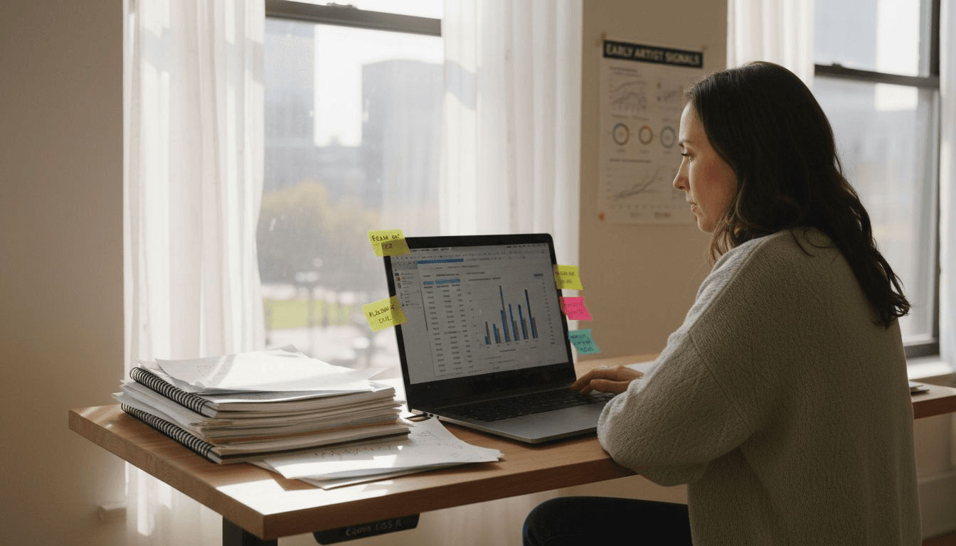 Analyst reviews playlist data in studio