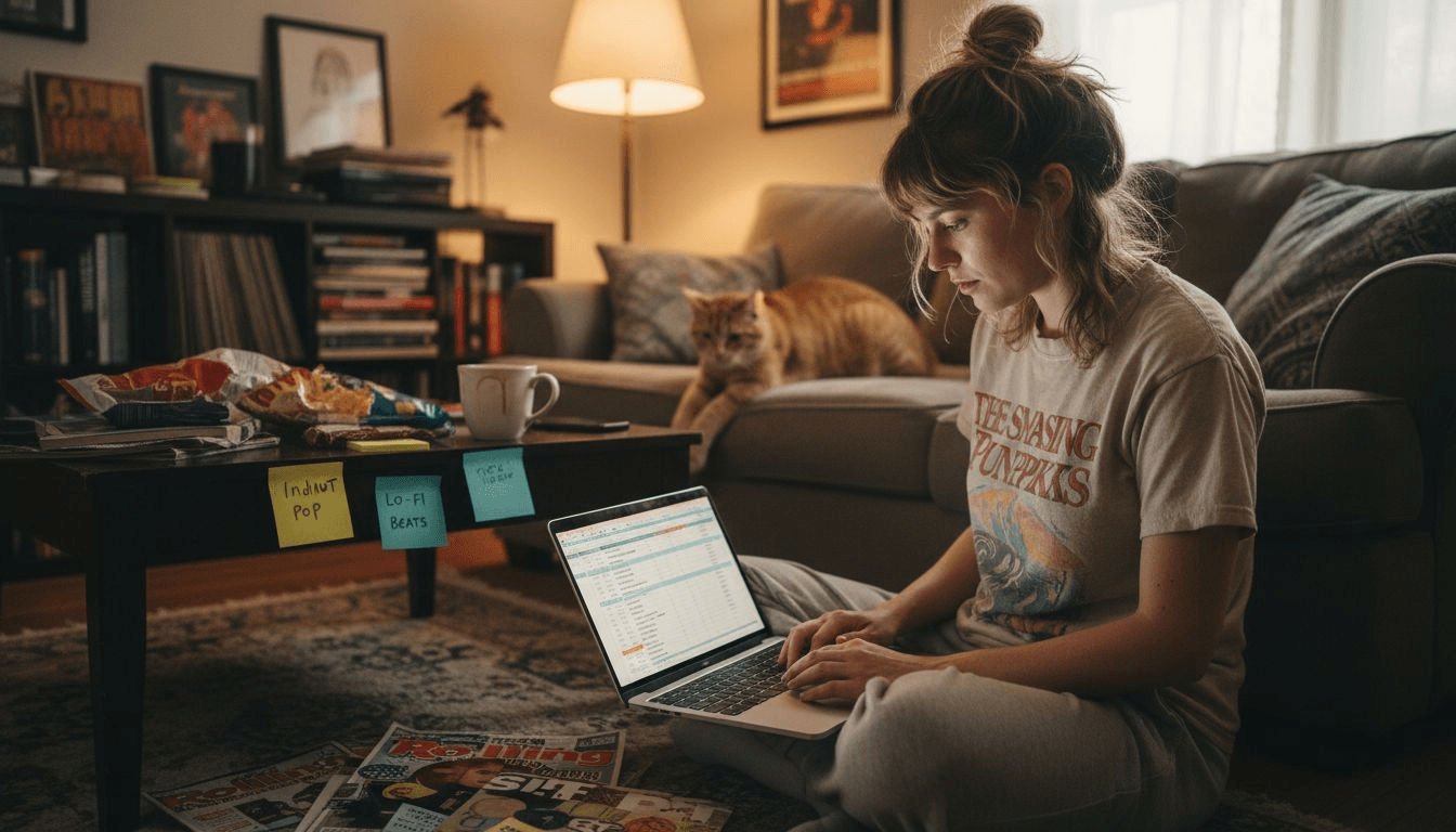 Person categorizing playlists on living room floor