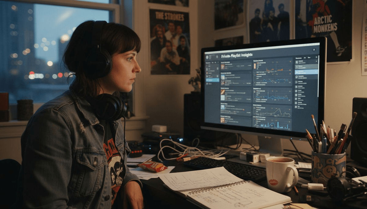 Music analyst studies private playlist data screen