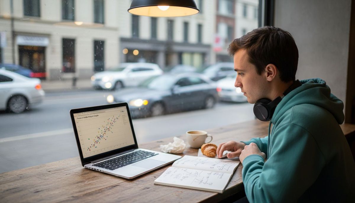 Analyst studying playlist data at cafe table