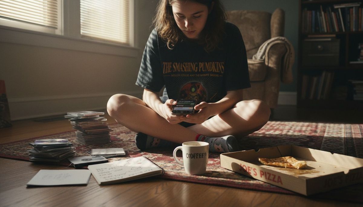 Teen curating playlist in casual home setting