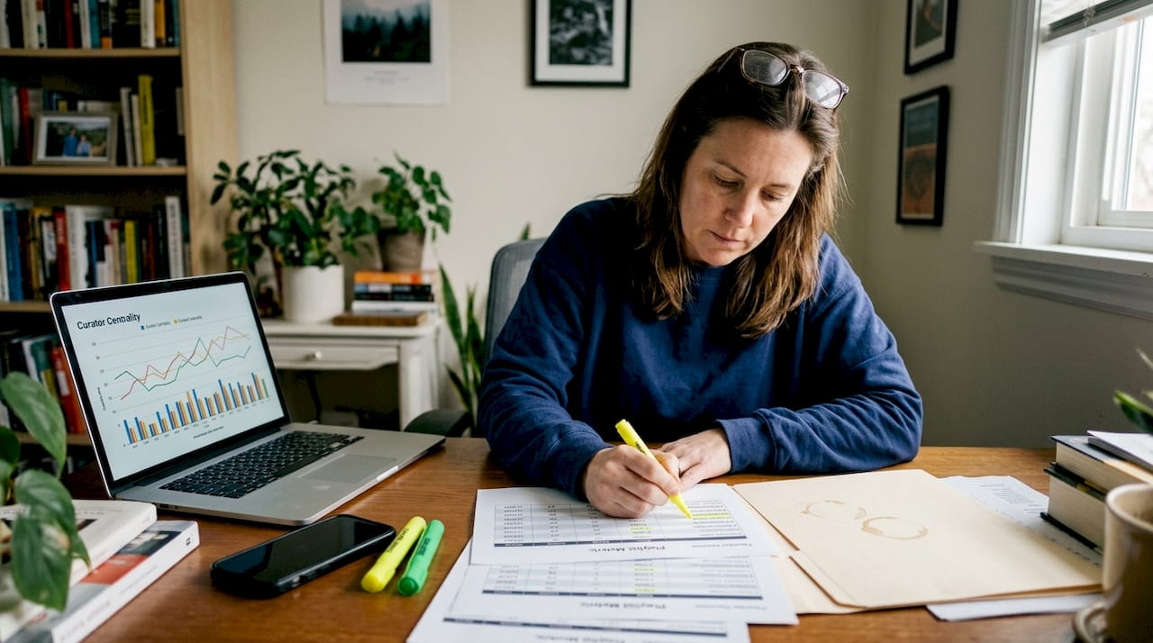 Professional analyzing playlist metric printouts