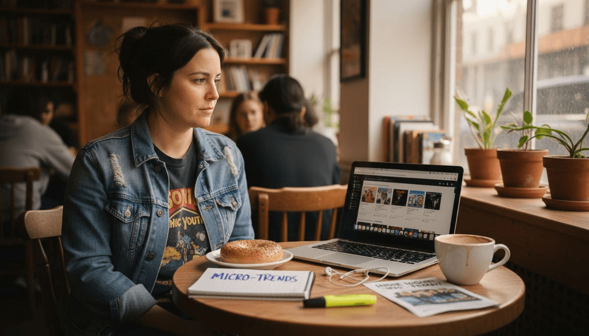 Playlist curator working in cafe setting