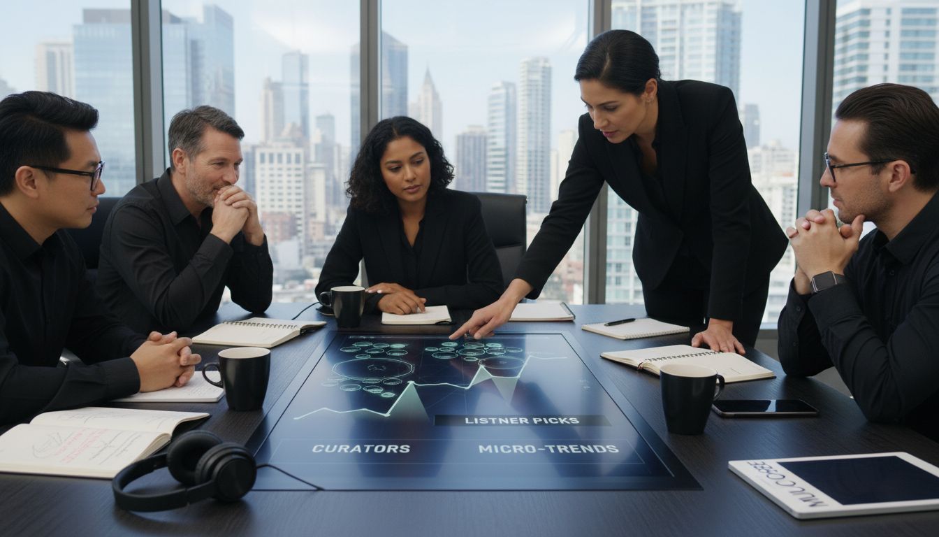 Professionals analyzing private playlist dashboard