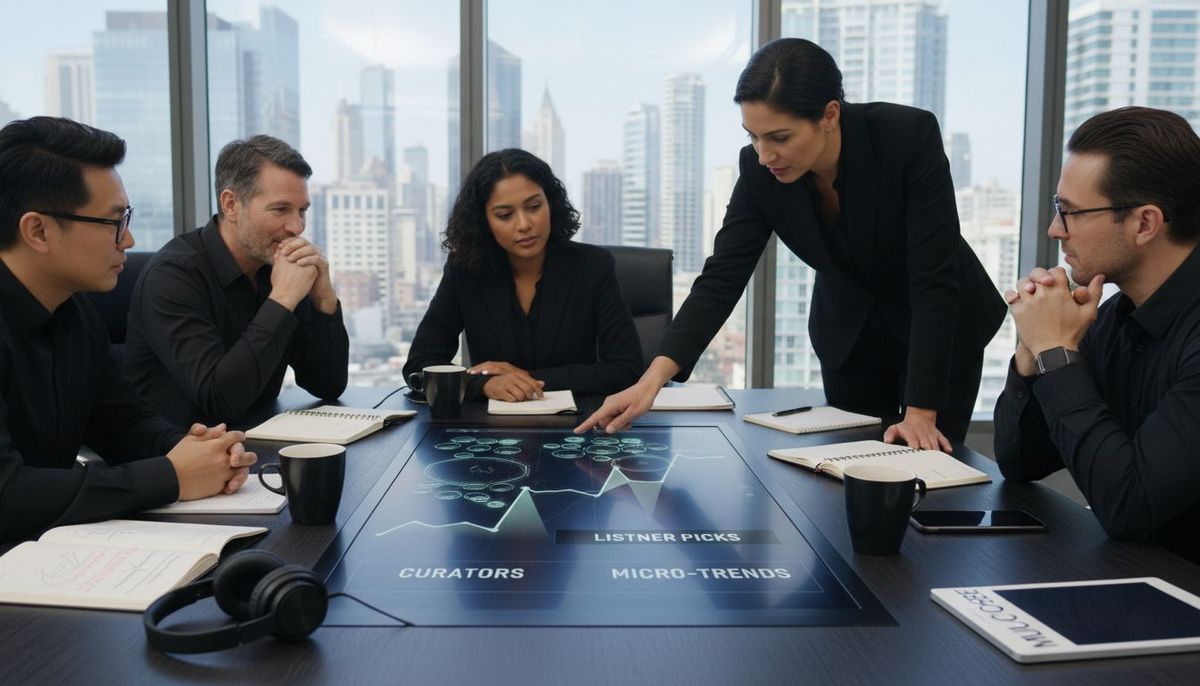 Professionals analyzing private playlist dashboard