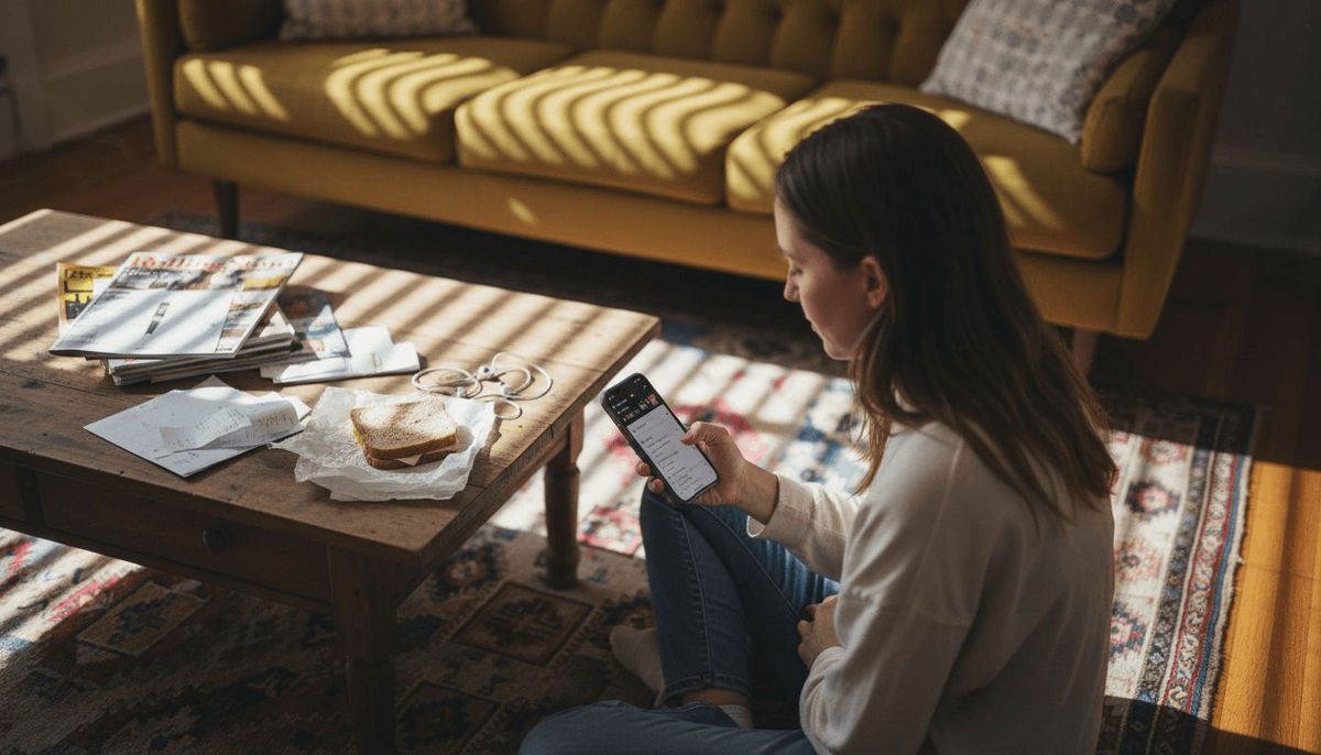 Woman curating personal playlist at home