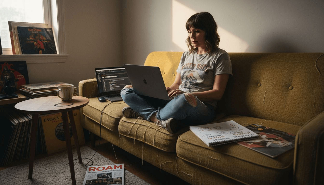 Playlist curator editing songs on laptop