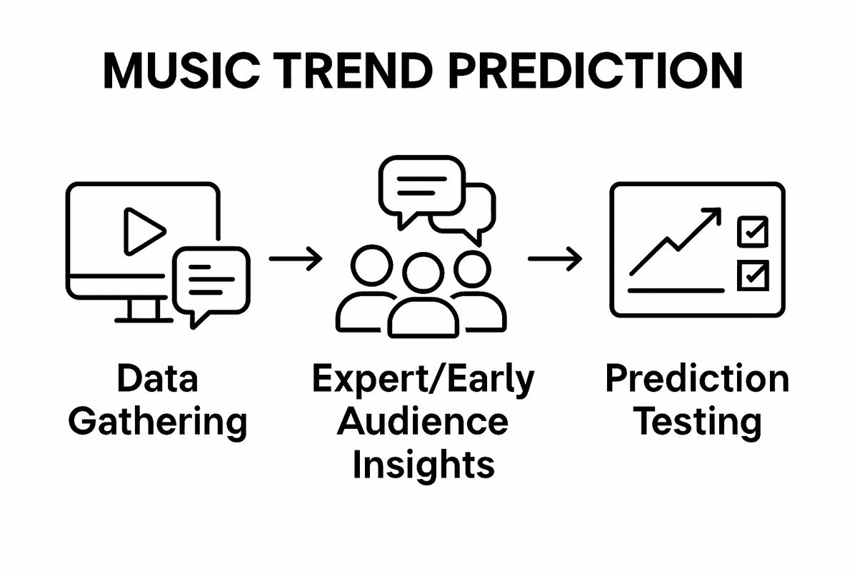 Infographic outlines 3 steps for music trend prediction: Data Gathering, Expert Insights, and Testing.