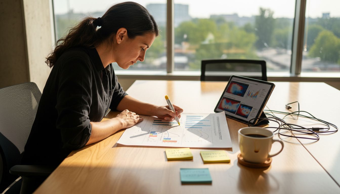 Woman analyzing printed music trend data