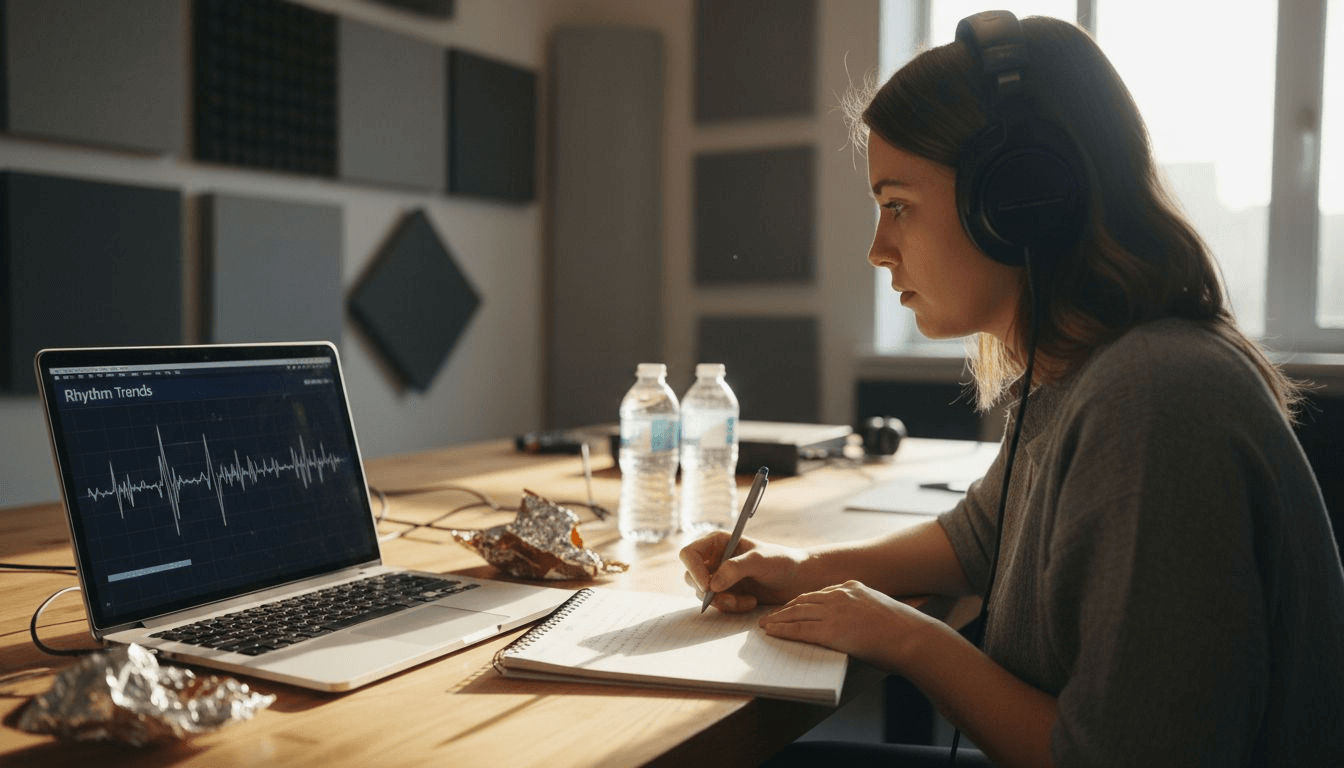 Woman reviewing audio feature charts in studio