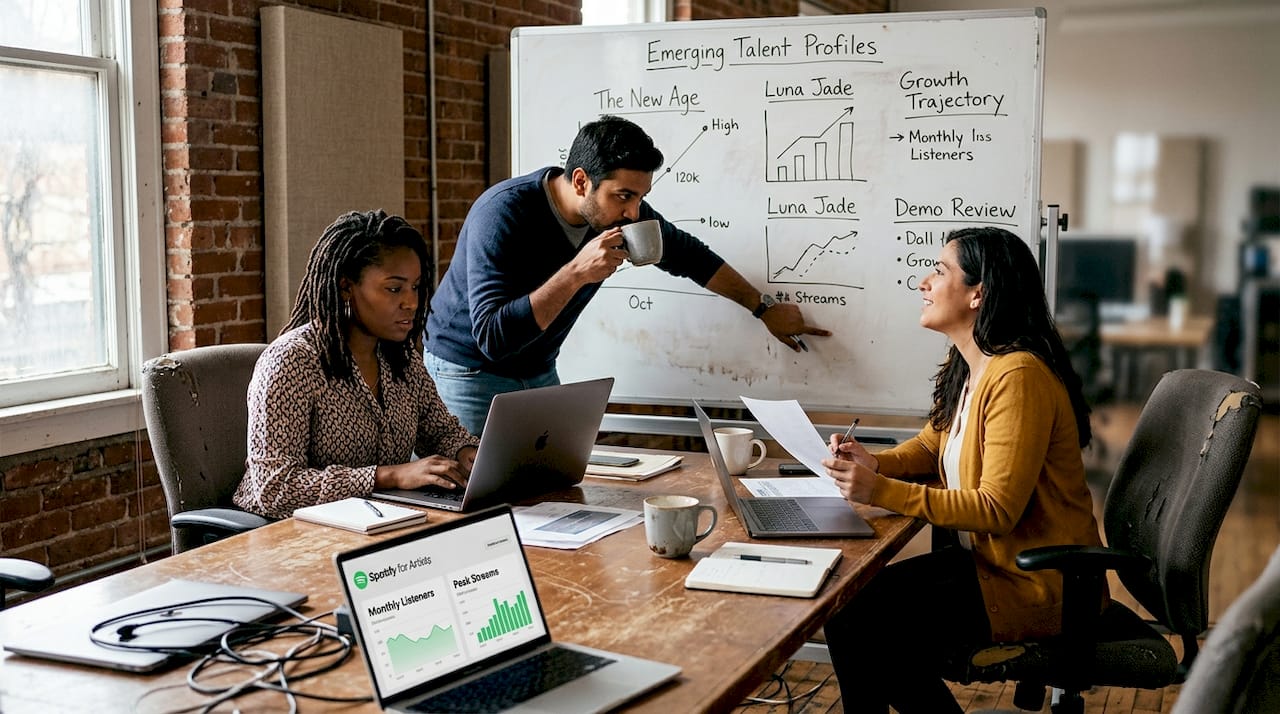 Team assessing emerging artists in meeting