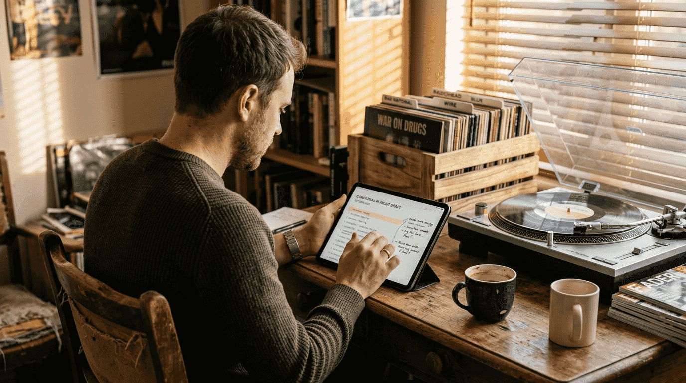 Independent curator reviewing tracks in home studio