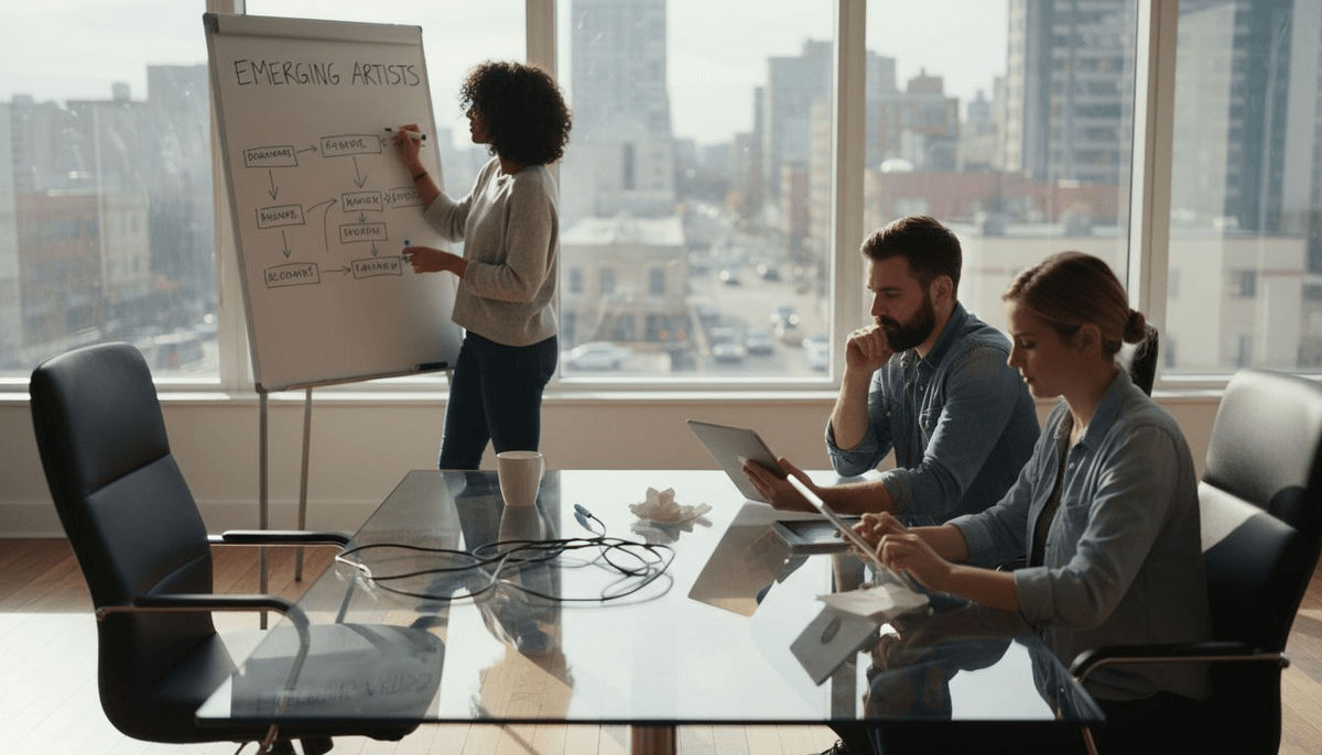 Music team discussing playlist trends