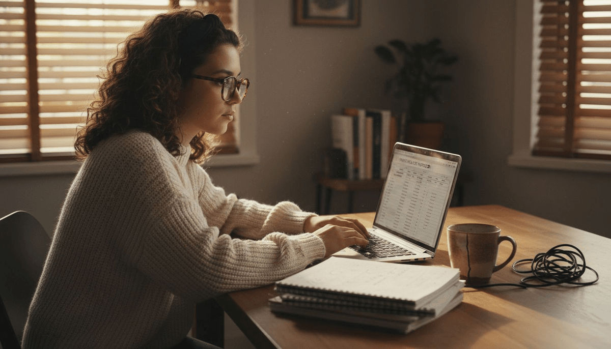 Analyst entering anonymized playlist data at kitchen table