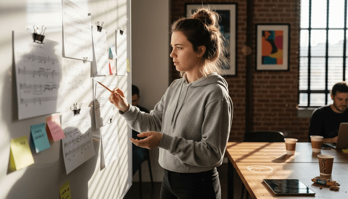 Woman analyzing artist metrics on whiteboard