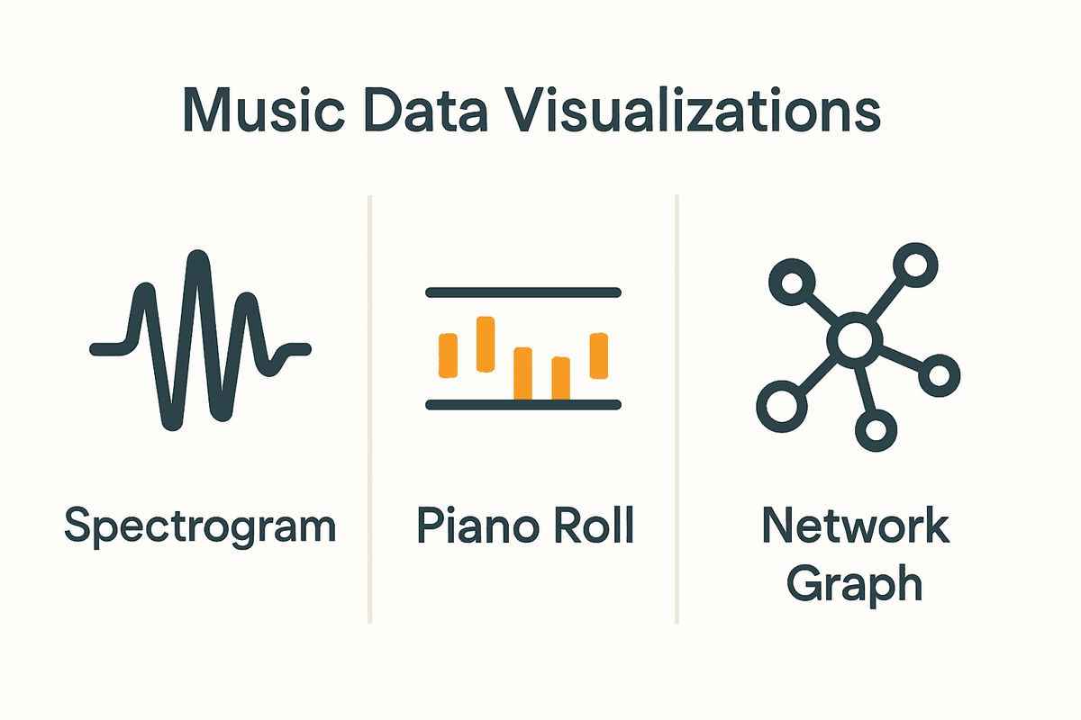 Infographic comparing spectrogram, piano roll, and network graph visualizations.