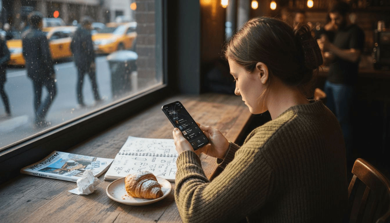 Woman analyzing music playlist at café table