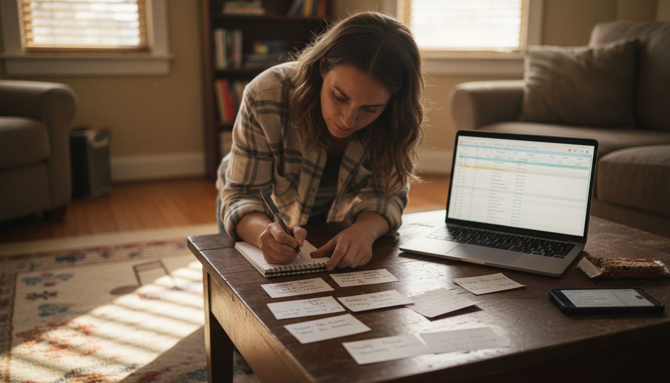 Woman jotting playlist analysis notes at table