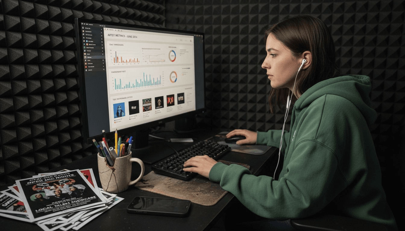 Analyst reviewing artist stats in studio