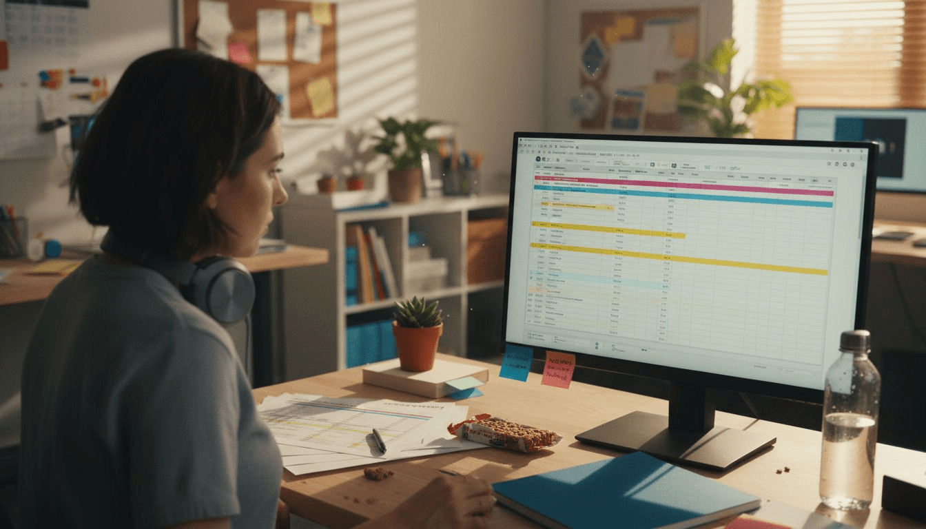 Analyst studying streaming playlist spreadsheet