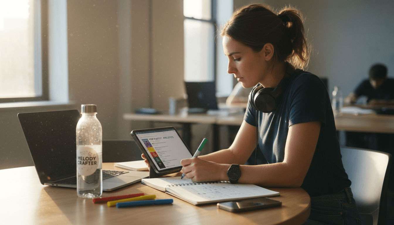 Woman analyzing private playlist data reports