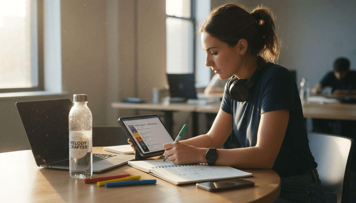 Woman analyzing private playlist data reports