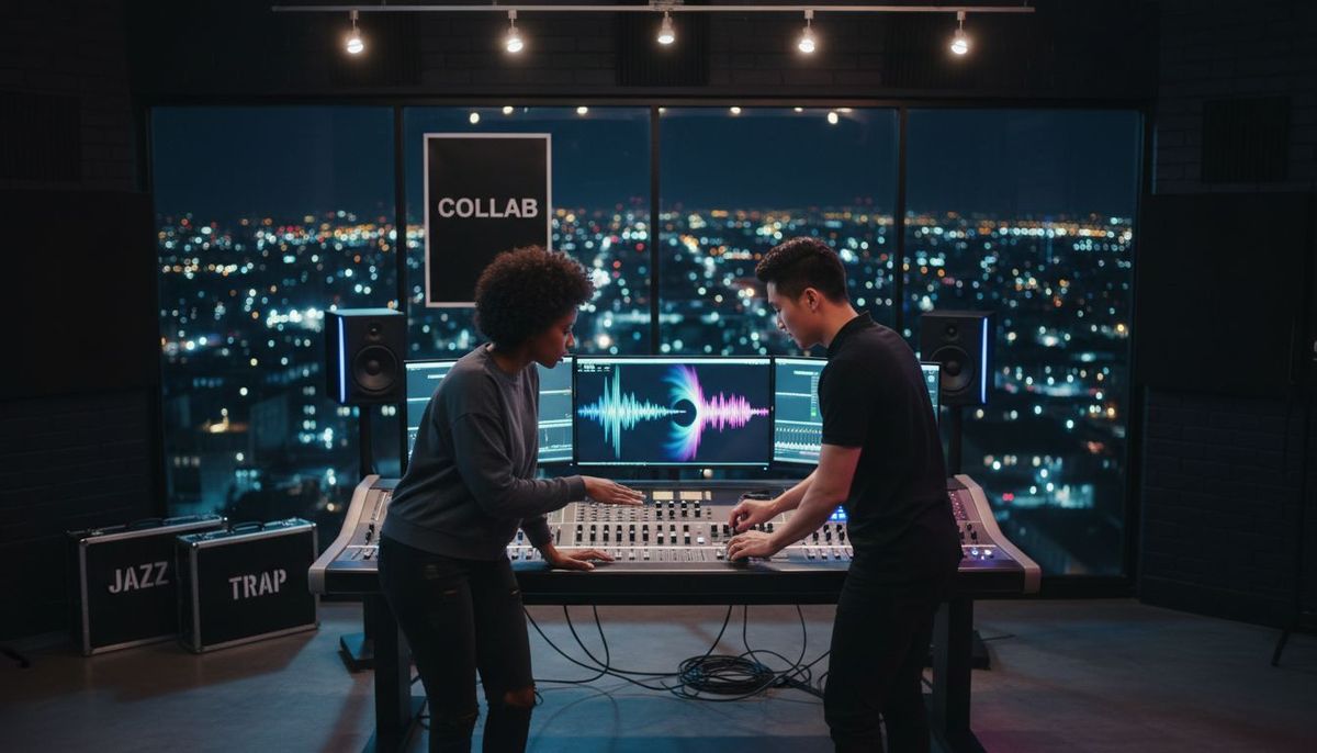 Musicians collaborating in genre-blending studio