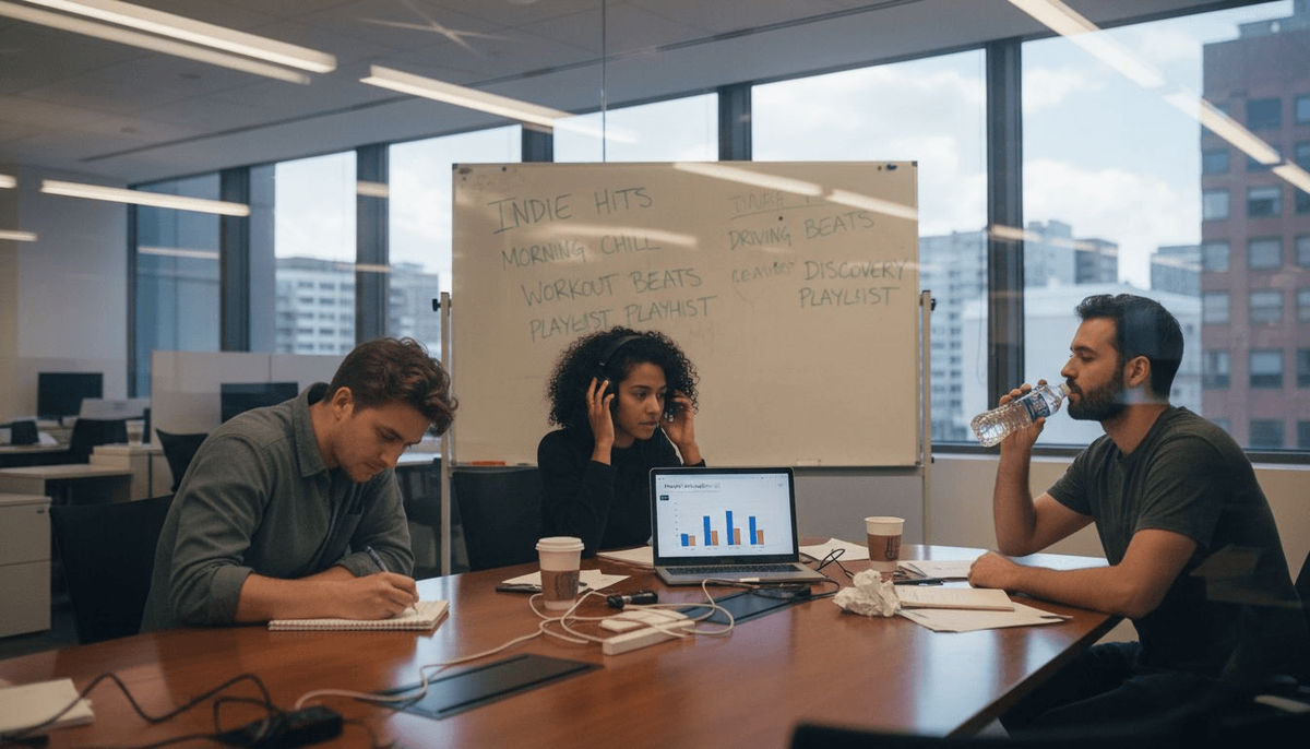Music curators analyzing playlists in meeting