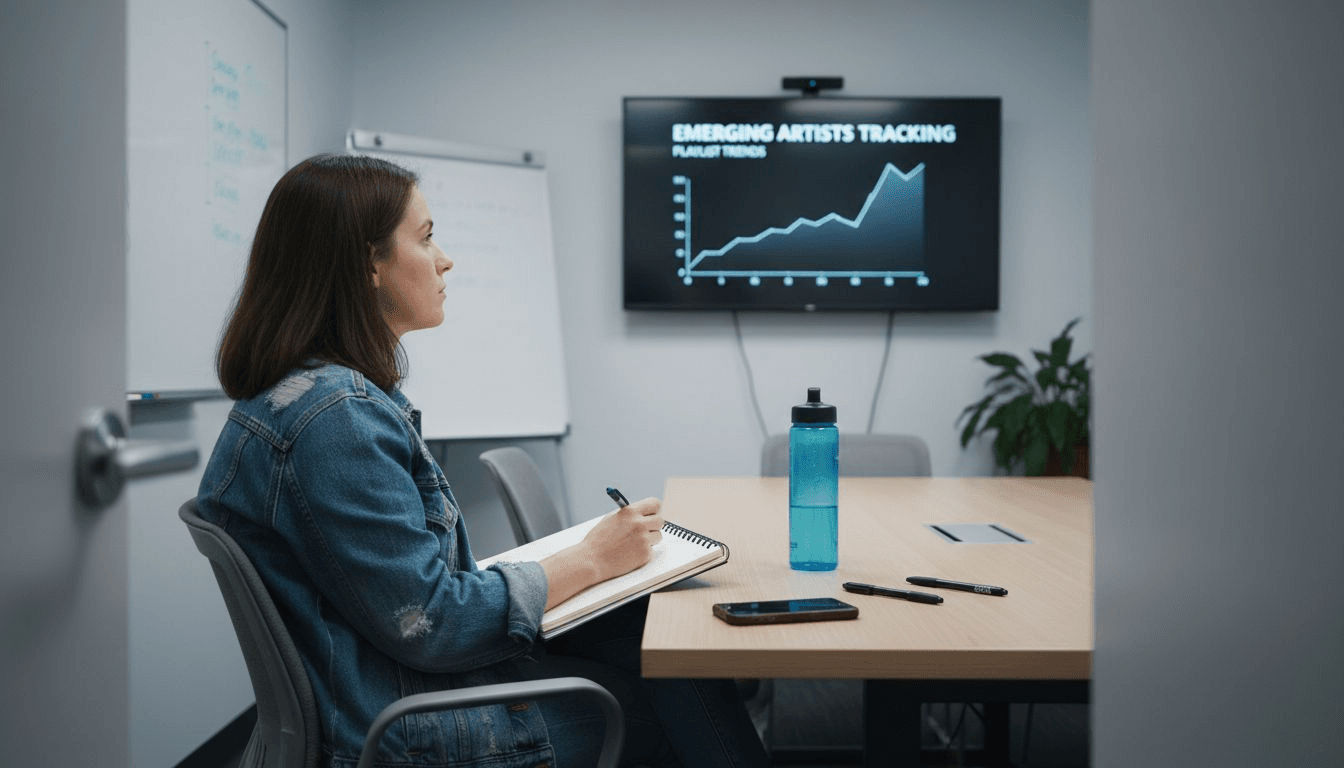 Woman reviewing playlist trend data in meeting room
