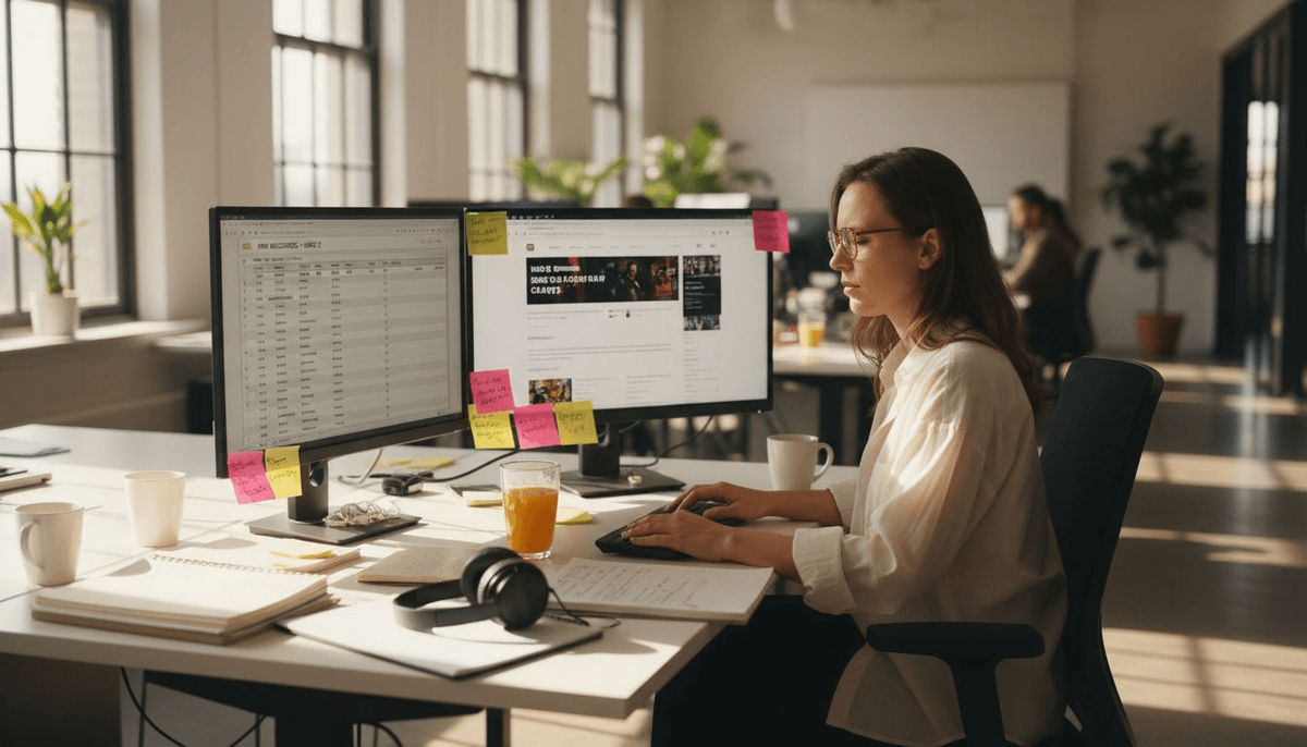 Editor reviewing playlist selection at office desk
