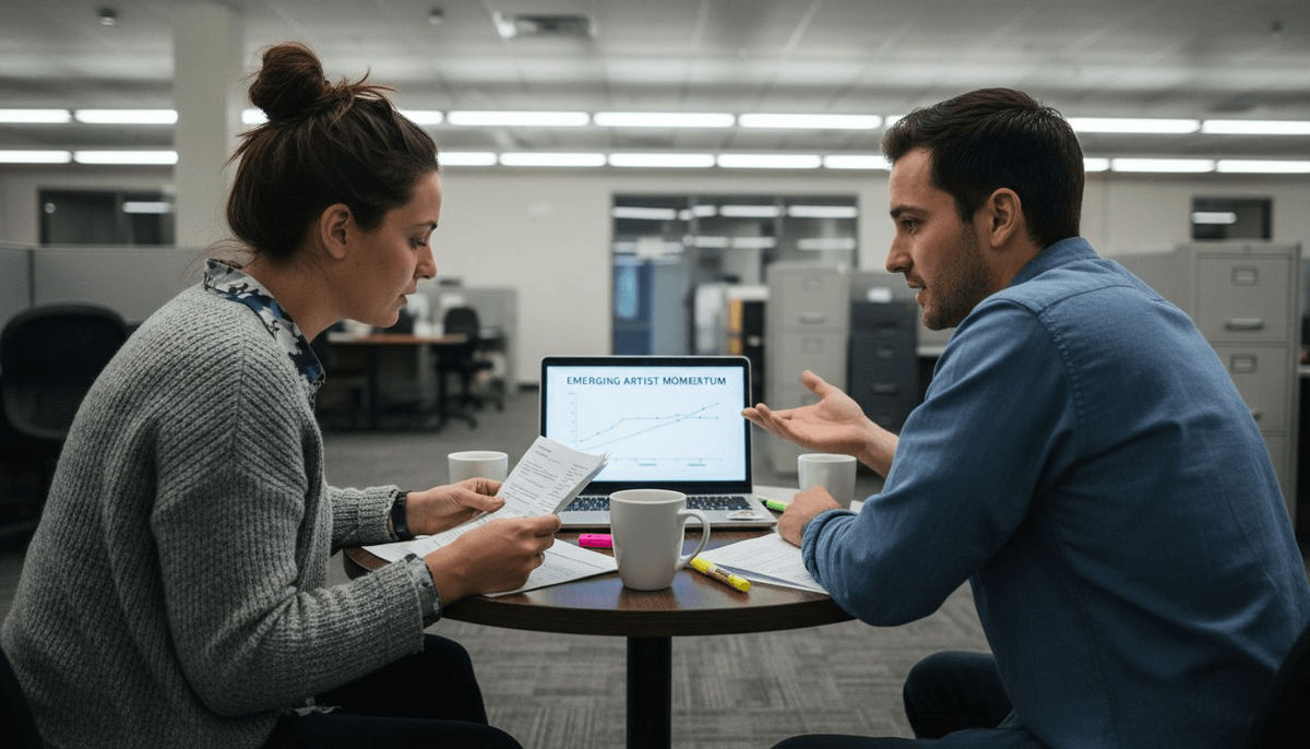 Colleagues discussing playlist data analytics