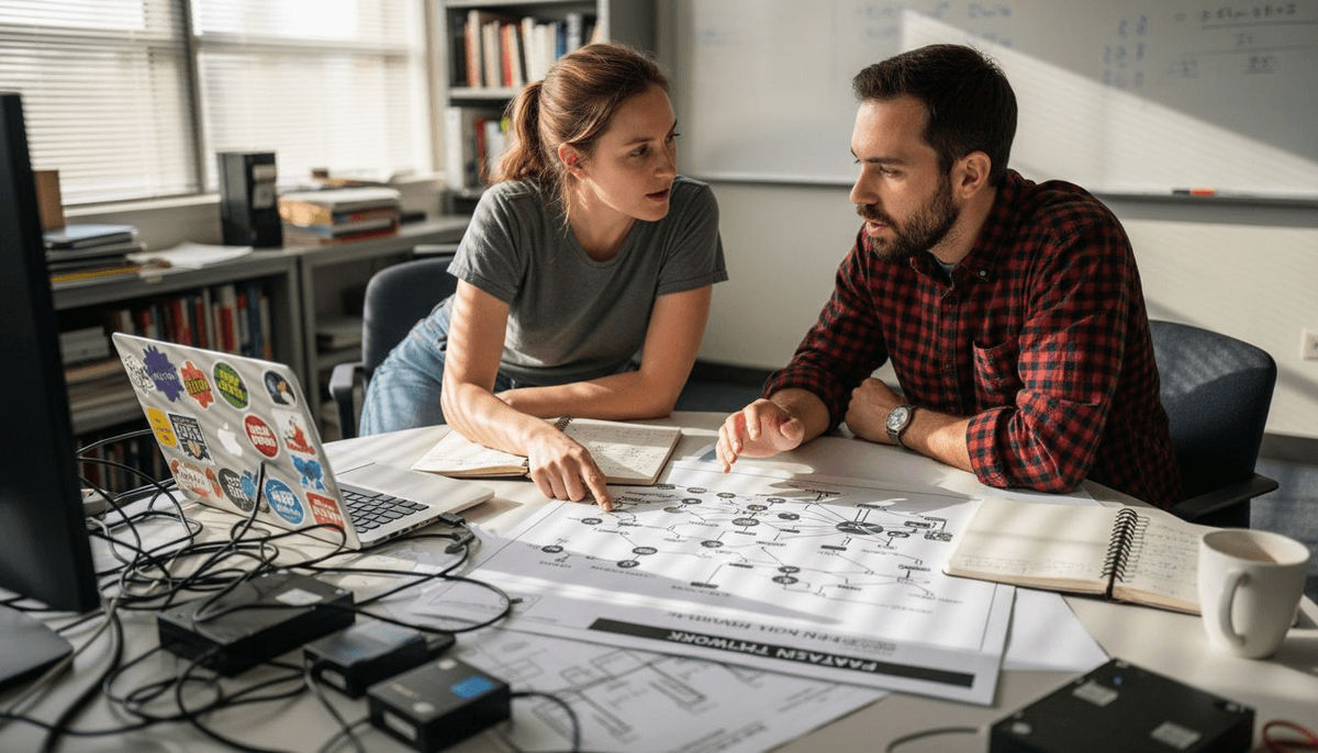 Researchers discussing printed playlist network diagram