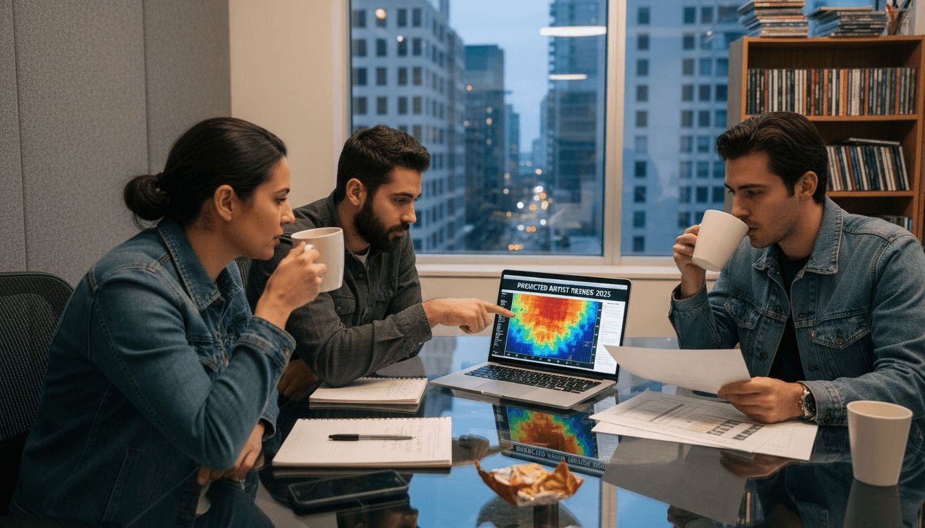 A&R team meeting discussing music analytics