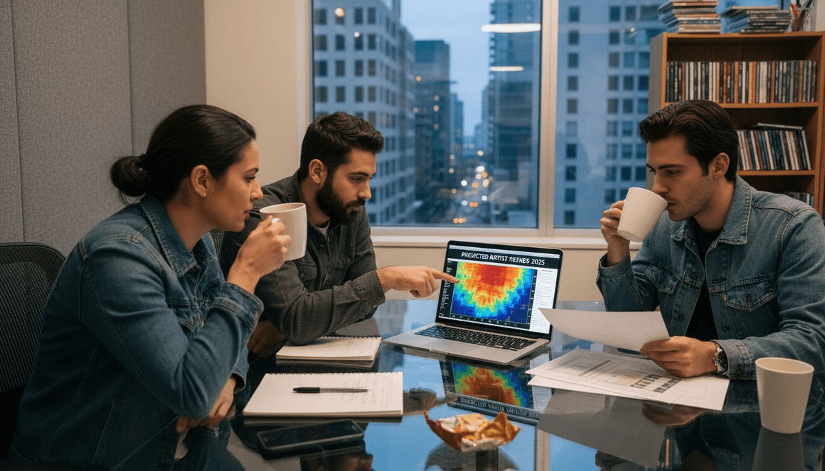 A&R team meeting discussing music analytics