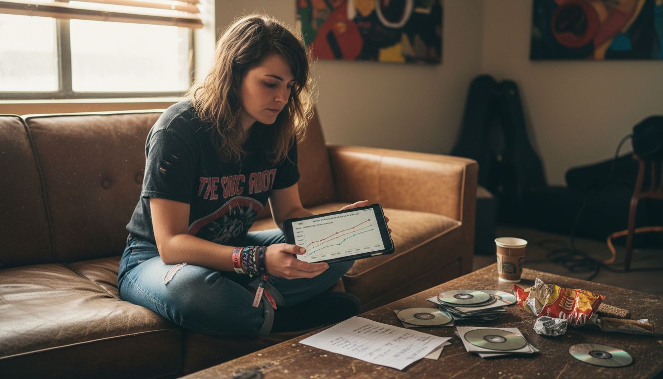 Talent scout reviewing music trend data on tablet