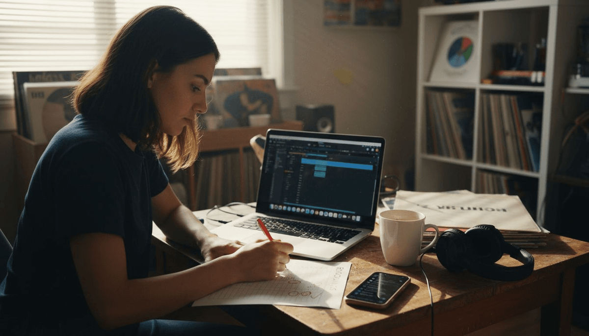 Music curator reviewing playlists in apartment