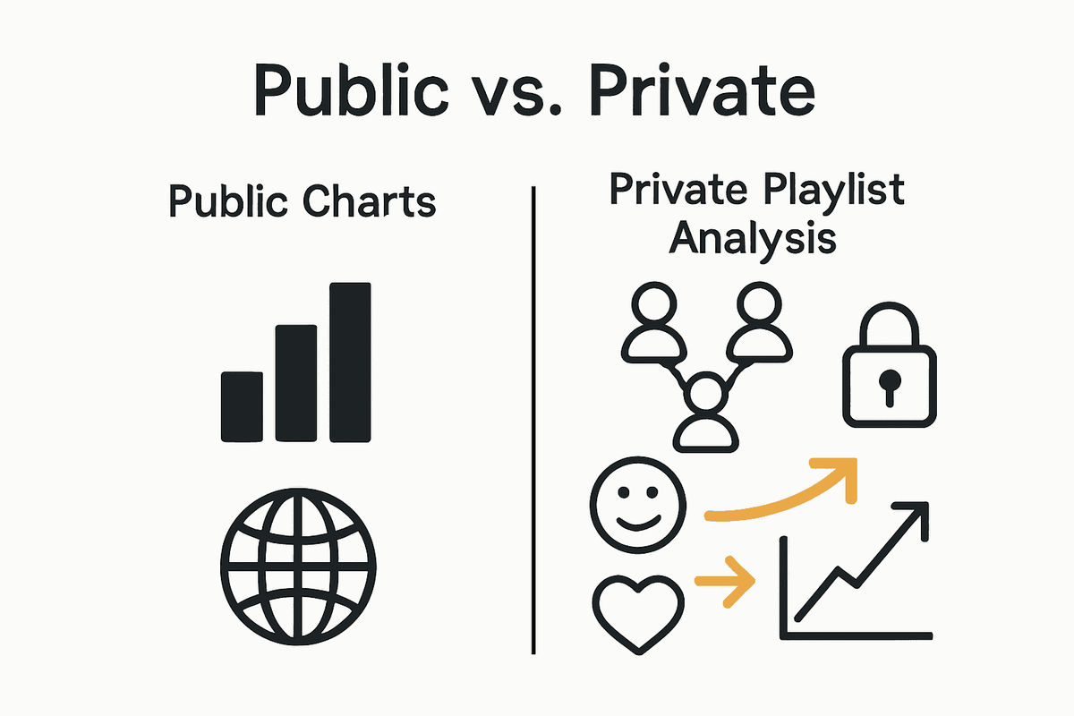 Infographic showing differences between public music charts and private playlist analysis