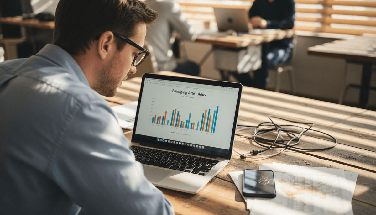 Product manager reviewing music trend analytics