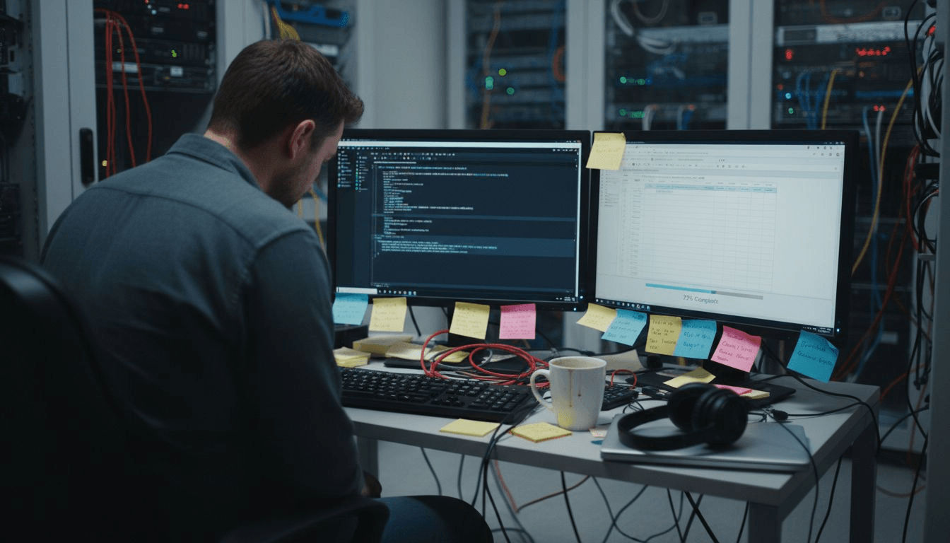 Technician aggregating playlist data in server room