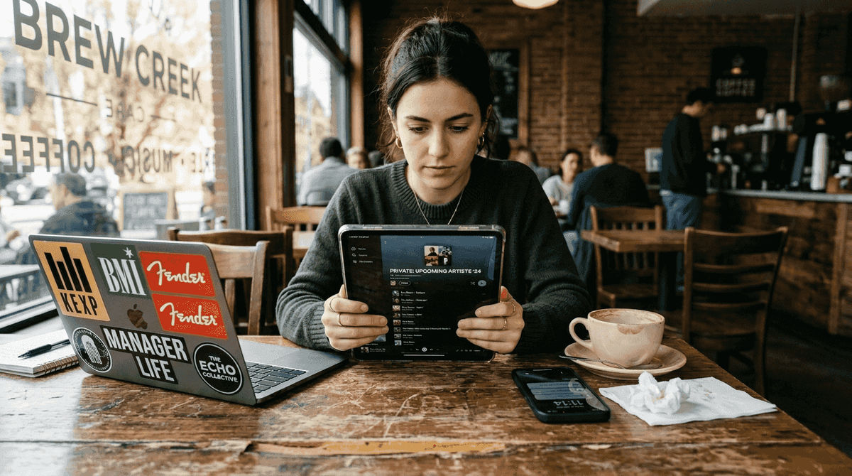 Artist manager reviewing private playlist