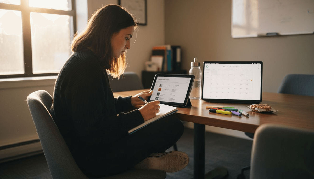 Analyst recording playlist insights in conference room