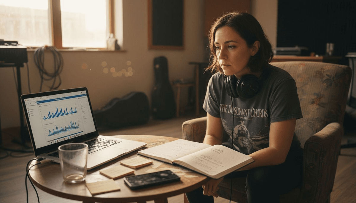 Analyst reviewing private playlist data at desk