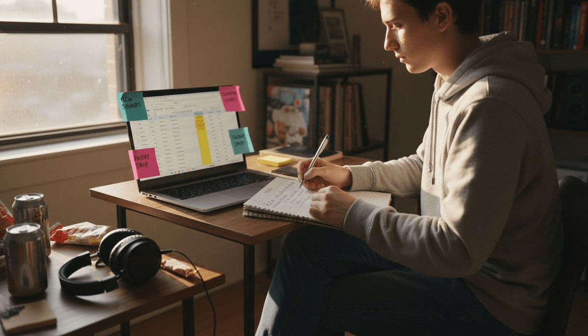 Playlist curator reviewing handwritten list