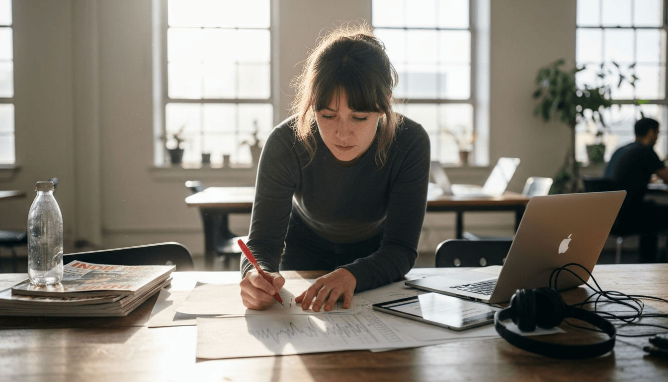 Woman analyzing emerging artist data workspace