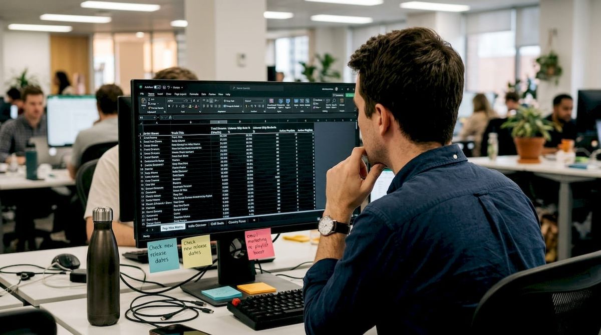 Employee comparing playlist metrics at shared desk