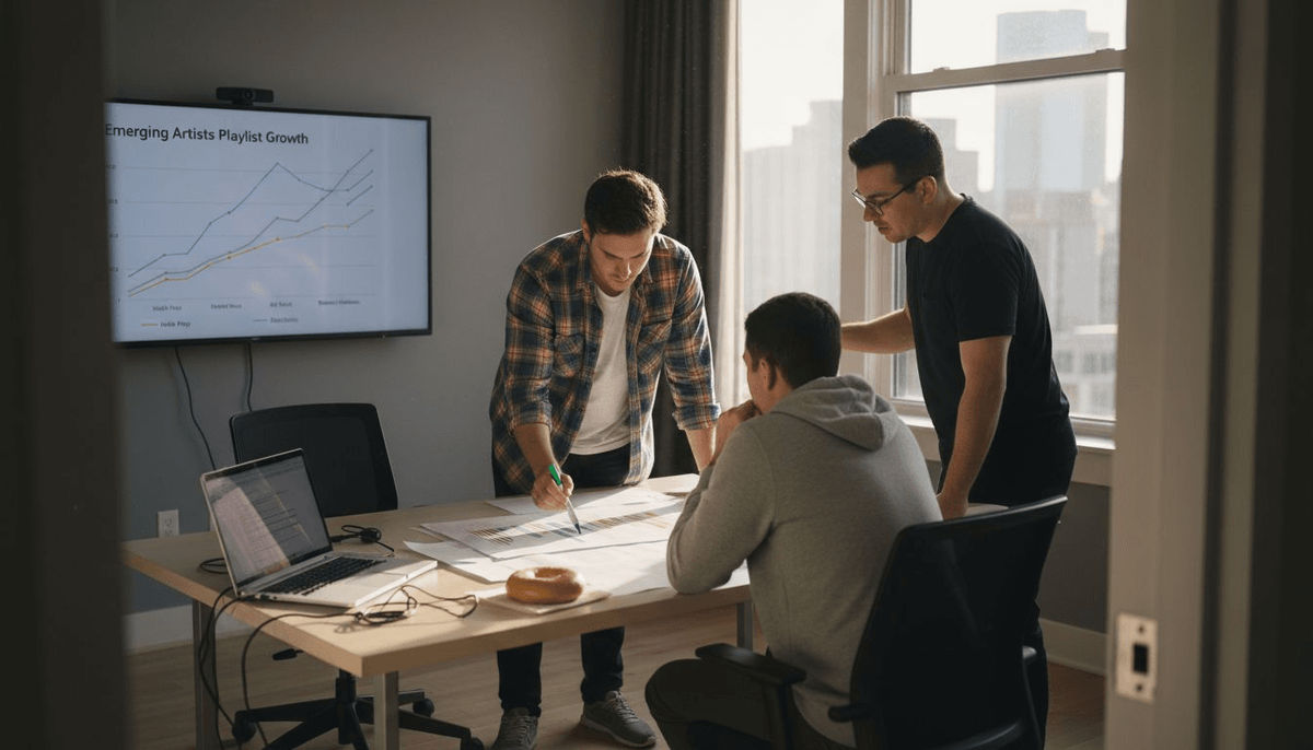 Team reviewing artist playlist analytics graph
