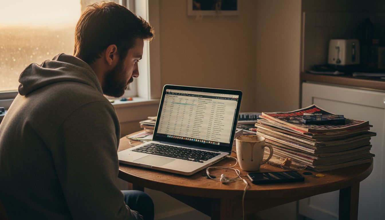 Young man compares playlist analytics at kitchen table